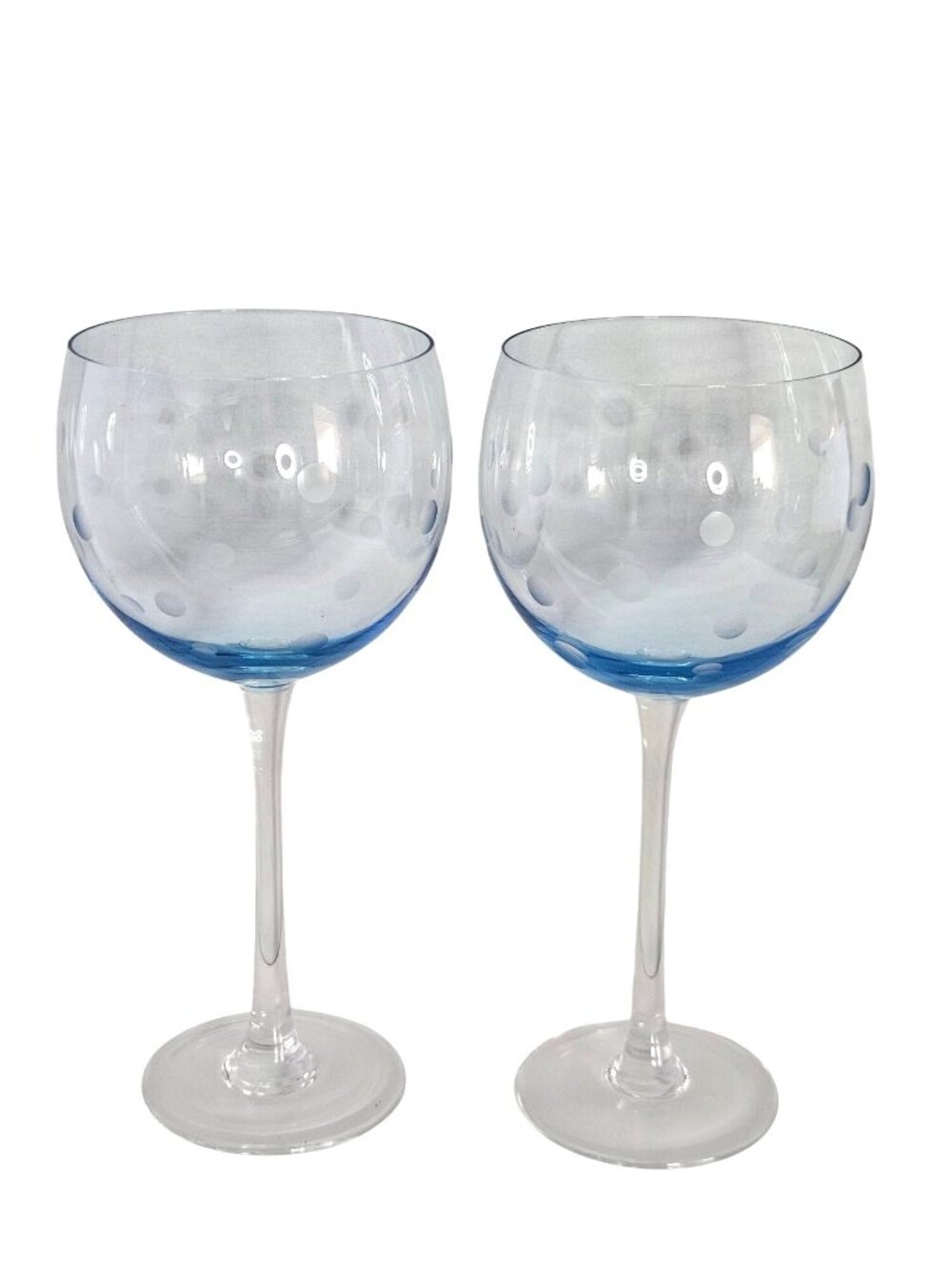 2 Block Glitter Blue Goblet 8.5" vintage polka dot fun glasses handblown